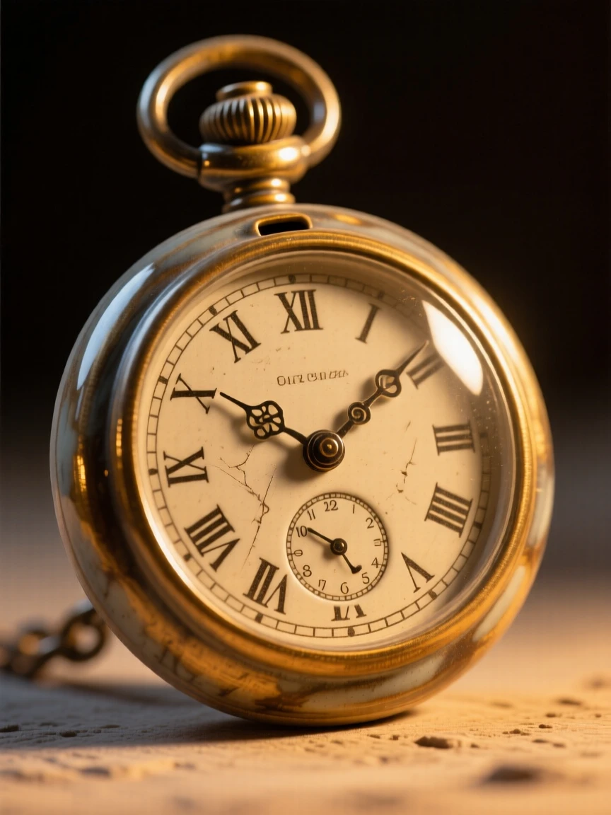 An old-fashioned pocket watch mid-tick illuminated by a single warm light source, bathed in a nostalgic golden glow, capturing beauty in the overlooked and ordinary.