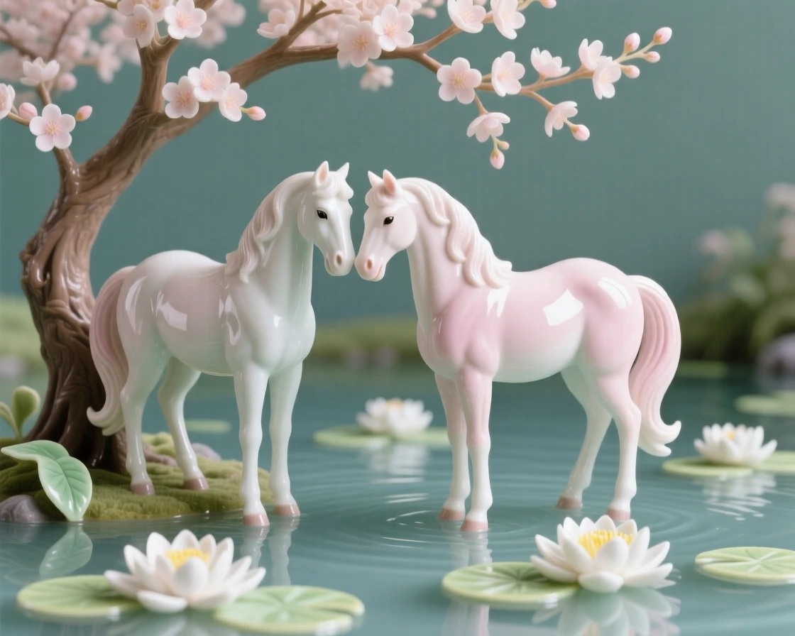 A pair of horses nuzzling gently beneath a blossoming tree beside a lily-covered pond.