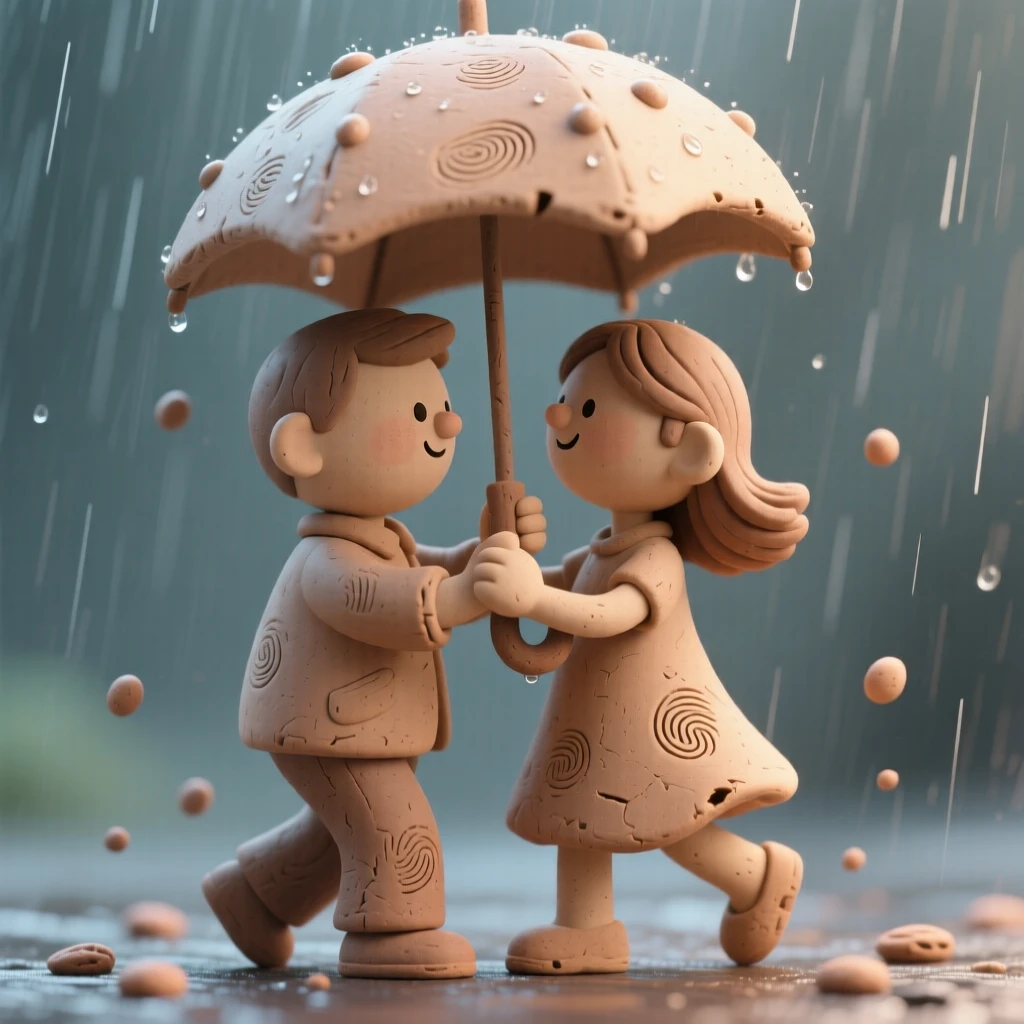 A couple dancing together in the rain beneath a single umbrella