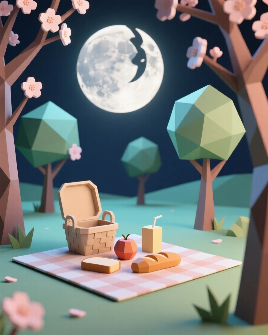 A summer picnic spread beneath blossoming trees, beneath a full harvest moon. the composition centers on the main celebratory focal point. There is a joyful, festive energy in the air.