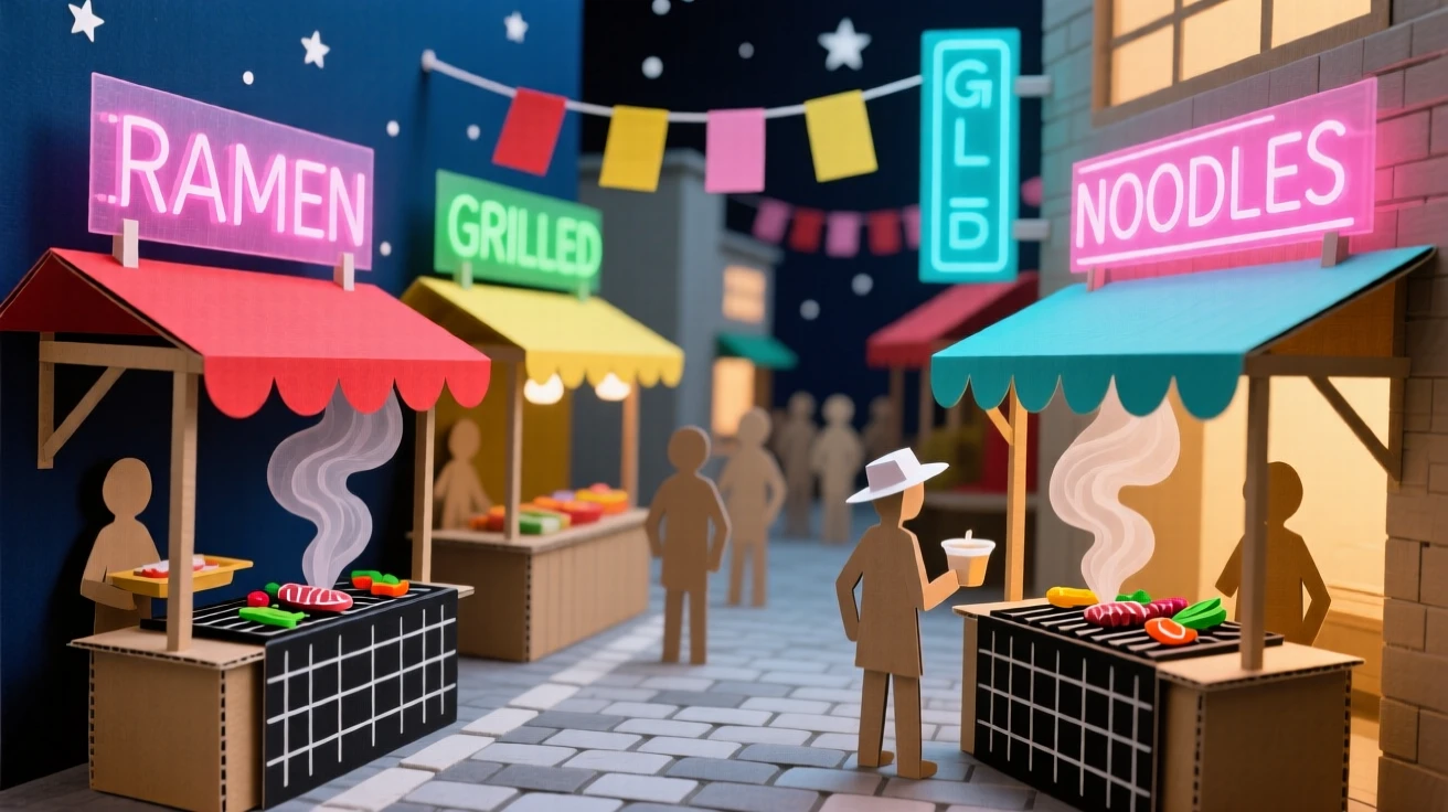 A lively street food alley glowing with neon signs at night, steam rising from sizzling grills, crowds weaving between stalls, capturing vibrant urban energy.