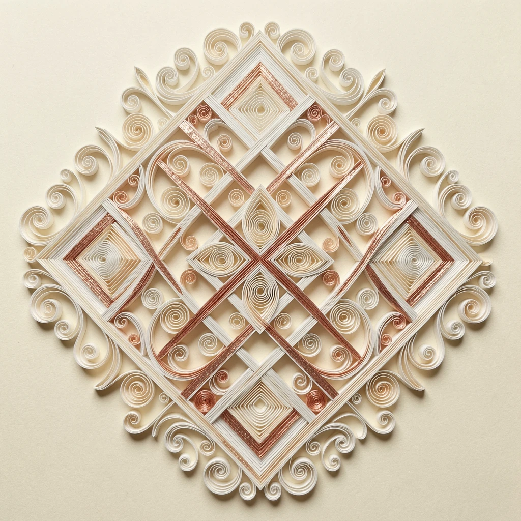 An elegant design featuring a lattice of interlocking geometric diamonds, composed with a strong central focal point, accented with delicate touches of rose gold, set on a warm ivory background.
