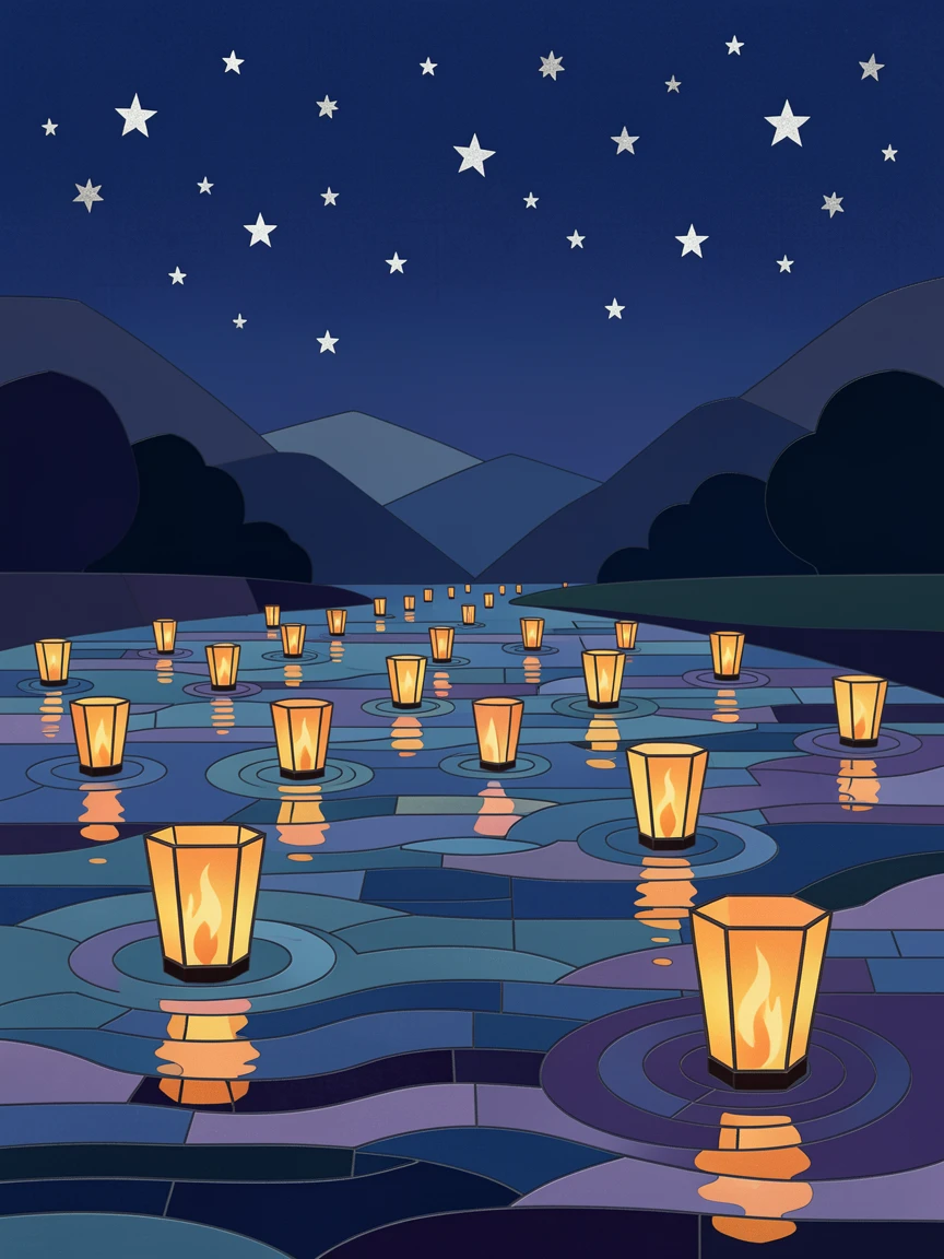 A peaceful japanese lantern festival floating on a river at night, filled with warm light, motion, and joyful energy.