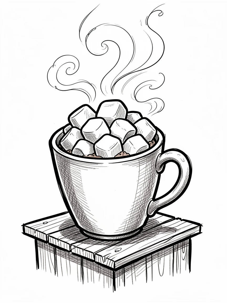 A steaming mug of hot chocolate with marshmallows arranged on a market stall.