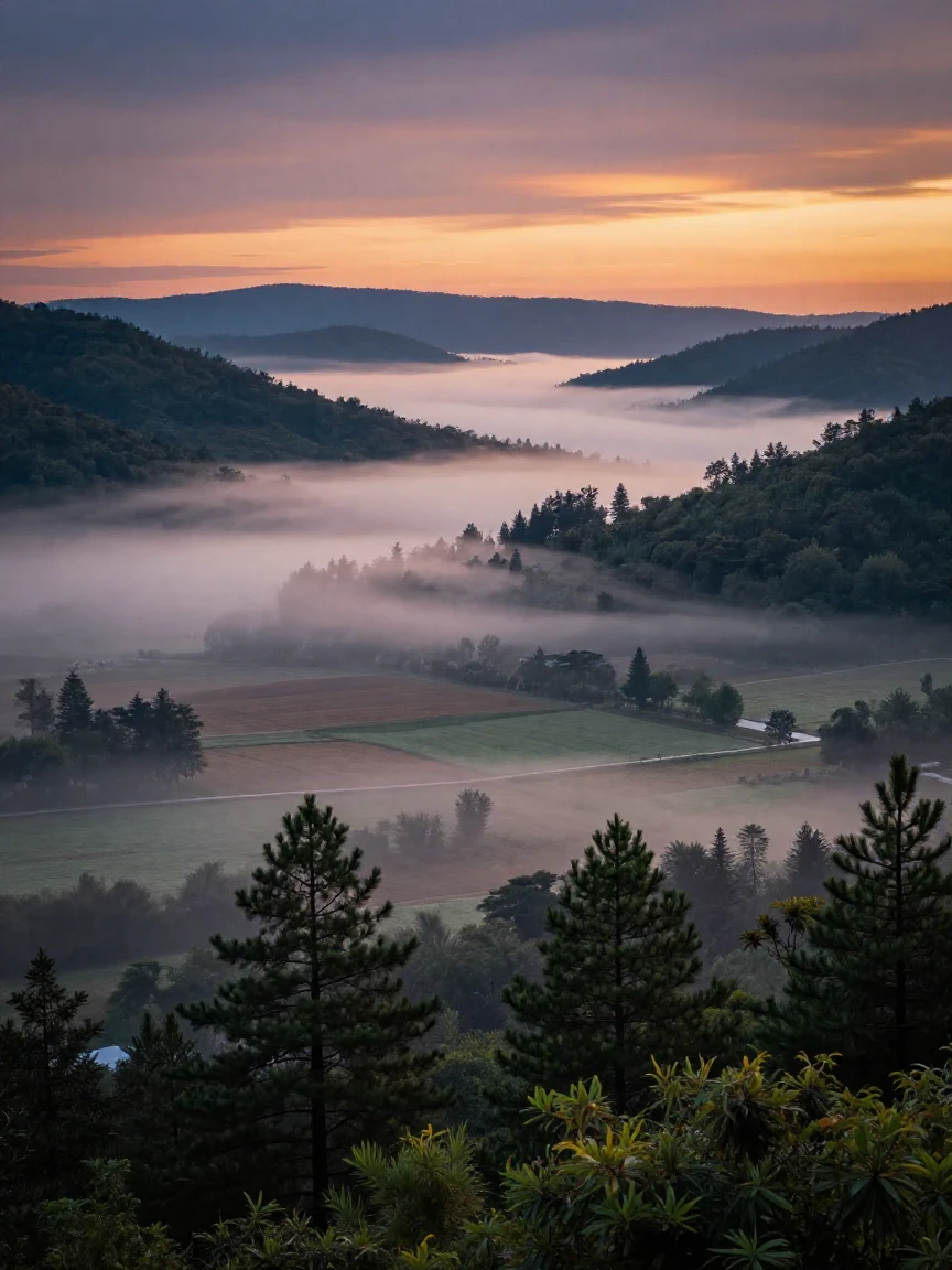 Rolling fog blanketing a valley at sunrise
