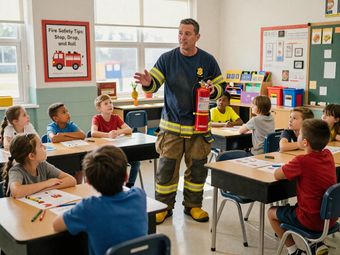 A retired firefighter teaches fire safety to a classroom of wide-eyed children.