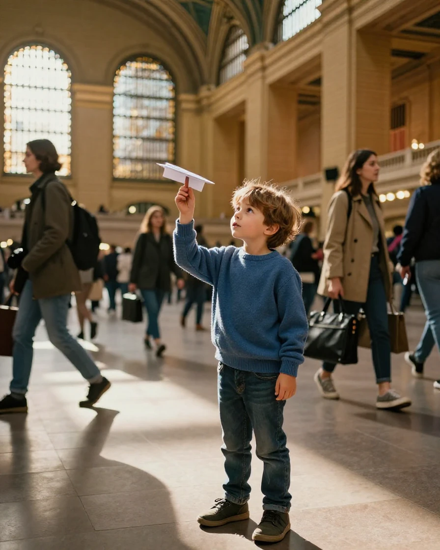 A little boy pausing to appreciate a simple joy in a crowded train station