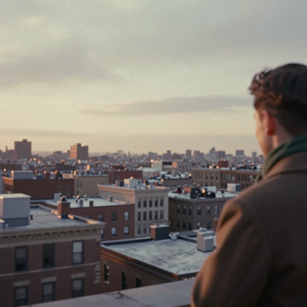 A rooftop view over a sprawling city at sunset, under a pale winter sky, in still, windless air, in the depths of winter, with muted olive and rust colors, over the shoulder of the main subject.