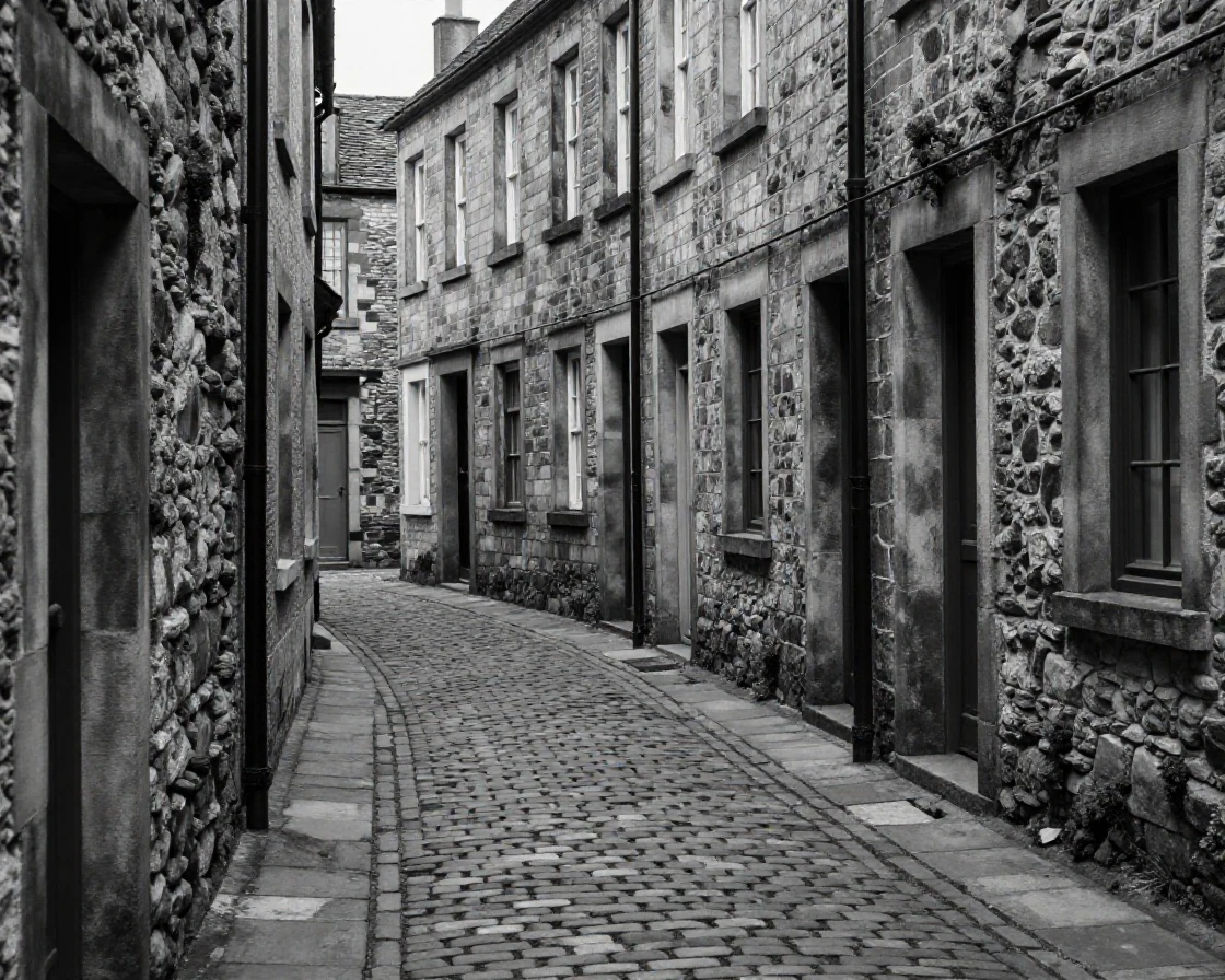 A narrow cobblestone alley winds between weathered stone buildings in a historic old town.