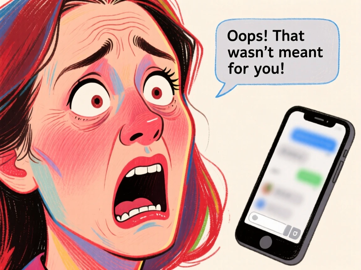 A woman's face frozen in horror as she realizes she sent a text to the wrong person.