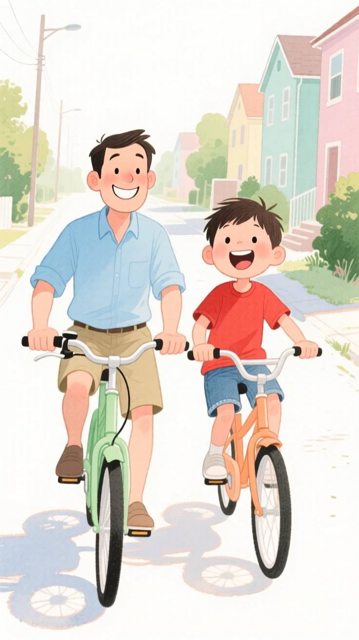 A father and son riding bikes together along a quiet neighborhood street