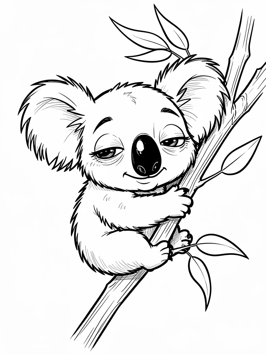 [Cute Animals & Pets] Adorable scene of a sleepy koala hugging a eucalyptus branch, bursting with charm and playful energy