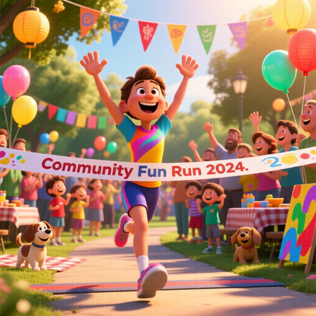 A runner crossing a finish line with arms raised unfolds at a lively community celebration, with soft golden light framing the moment. Pure joy and warmth radiate from the scene.