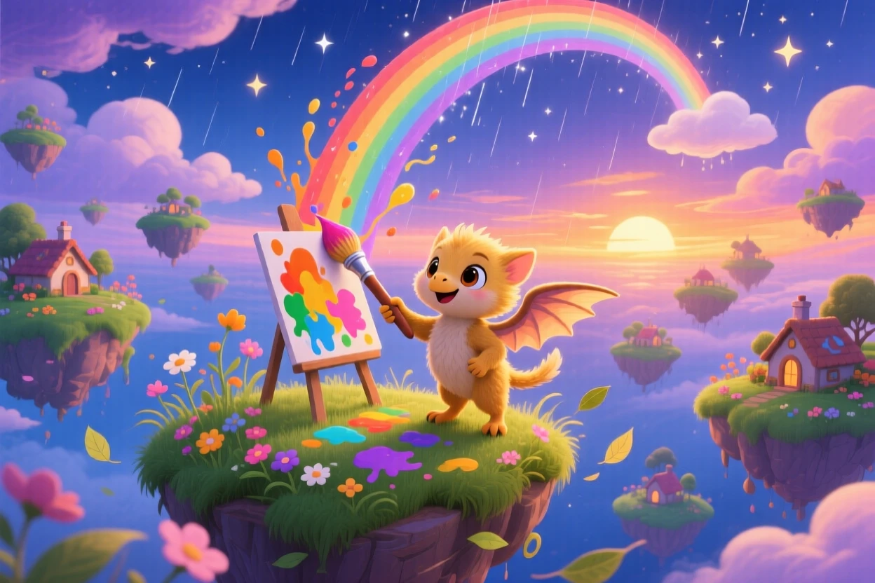 Deep within a sky full of drifting islands, a griffin cub spends the evening painting rainbows across the sky, while a gentle breeze carries the scent of flowers.