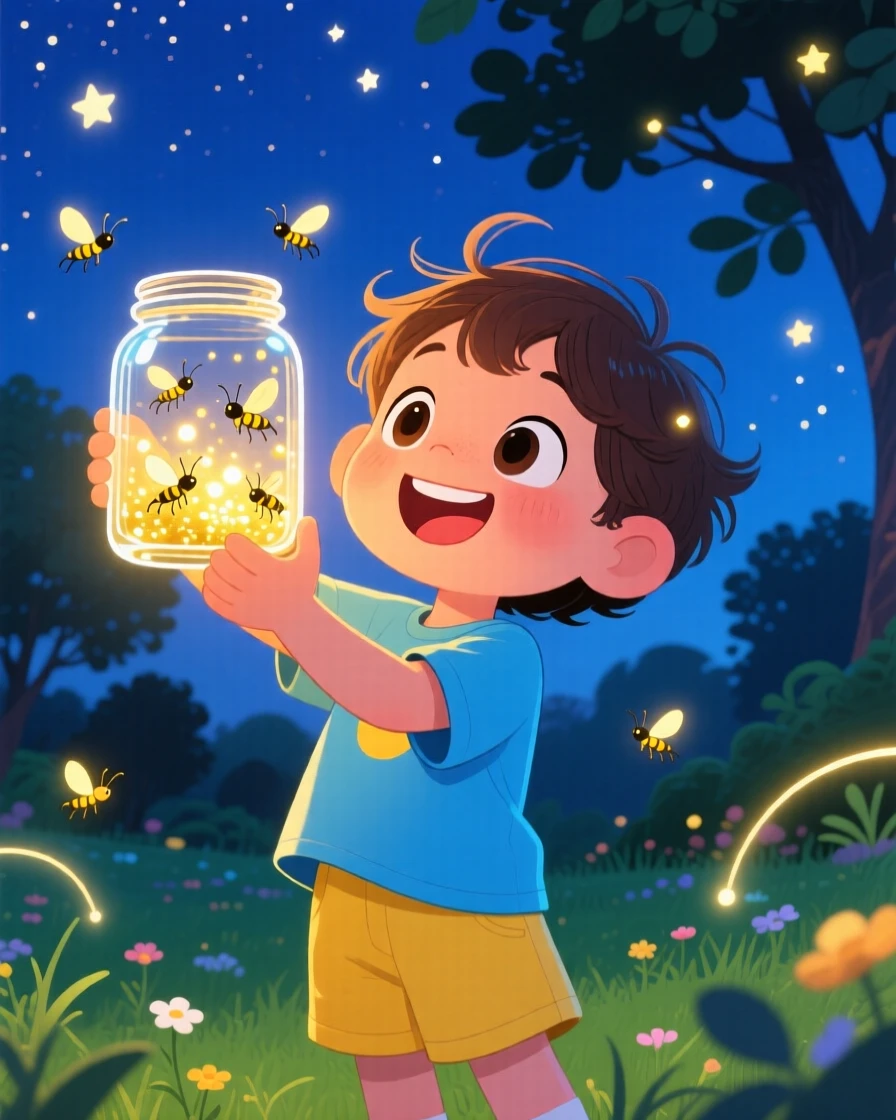 A firefly jar held up by a child on a warm summer night.