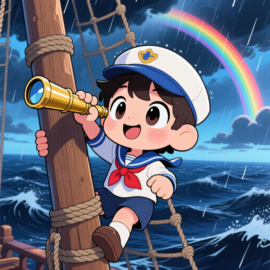 A young sailor climbing the mast to spot land through a telescope, framed as an extreme close-up within a stormy open sea, under a rainbow after the rain, glowing under cool blue twilight glow, evoking bubbly enthusiasm.