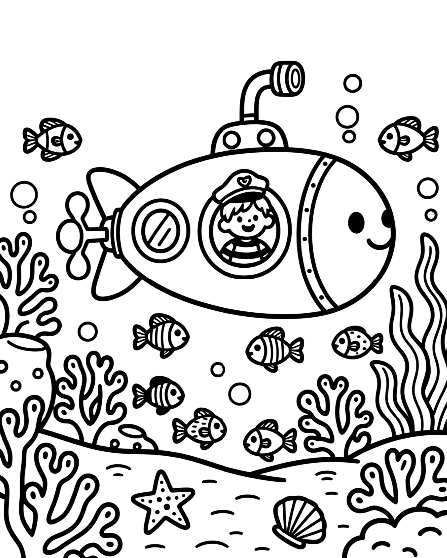 A submarine exploring a coral reef full of fish