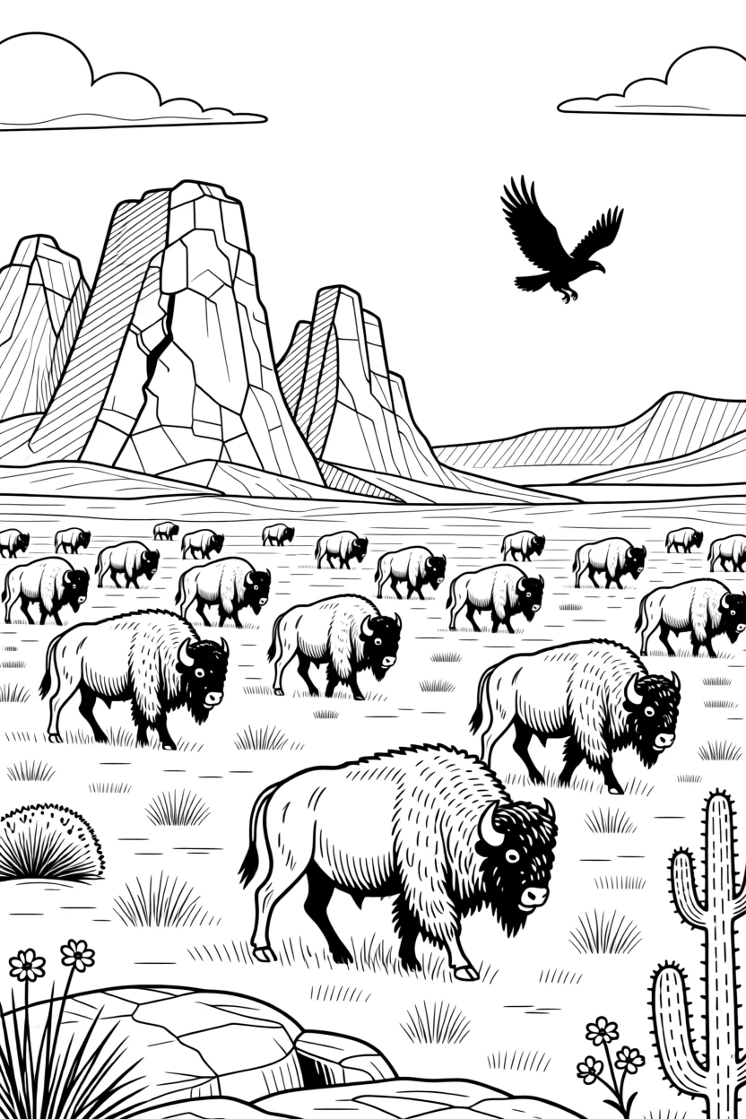 A bison herd traveling in a herd across open plains, framed by jagged rock formations.