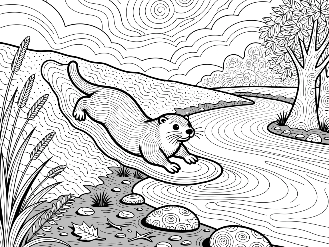 A river otter sliding down a muddy riverbank.