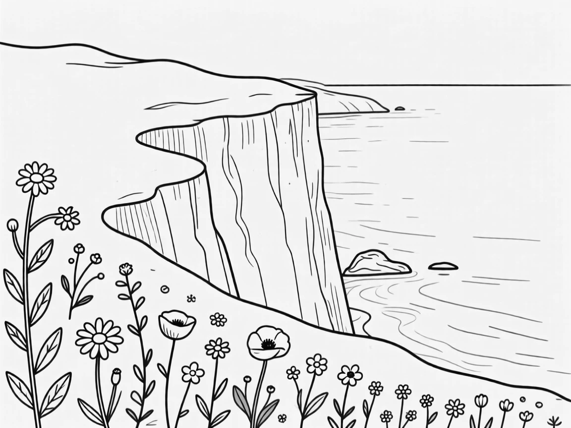 A coastal cliff with wildflowers growing along the edge