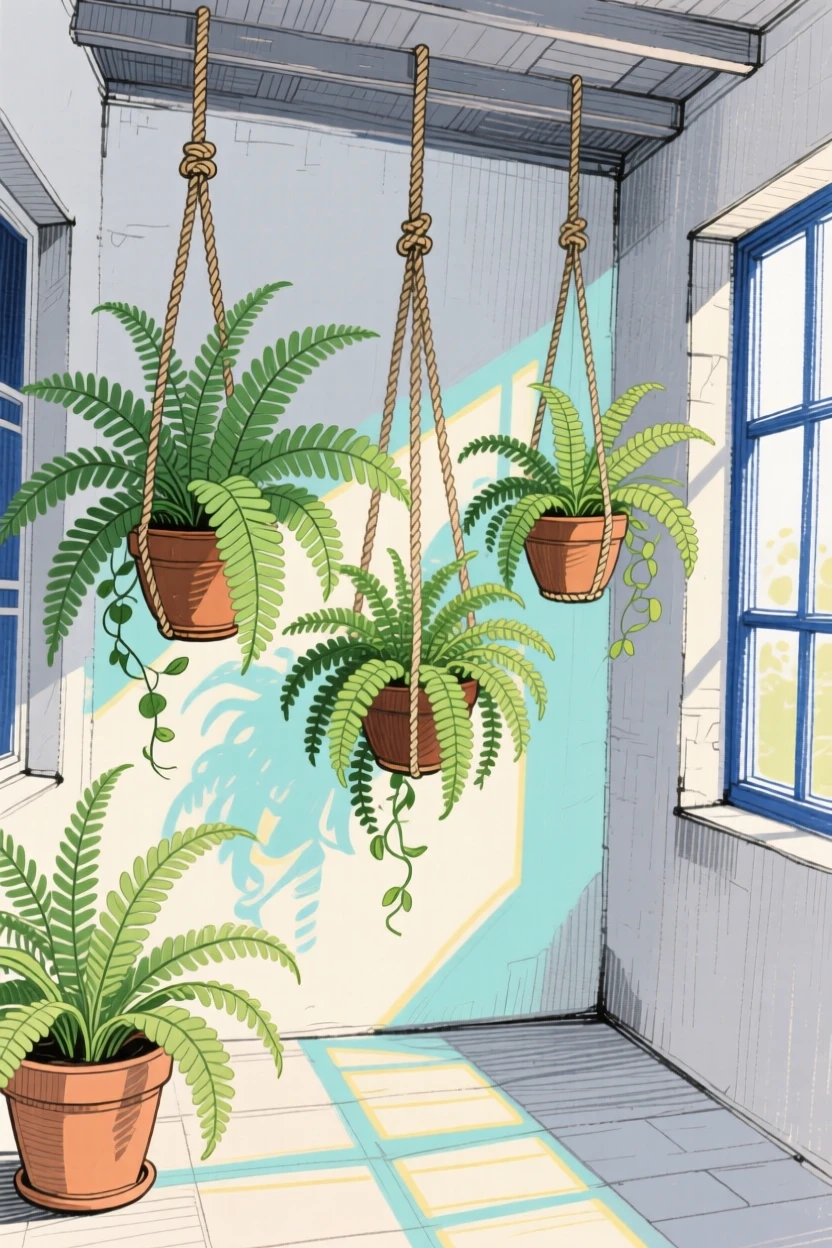 A hanging garden of ferns in a shaded courtyard.