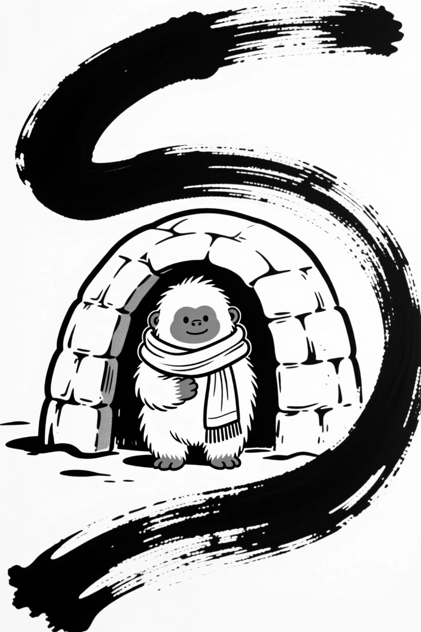 A baby yeti character wrapped in a scarf, building a tiny igloo.