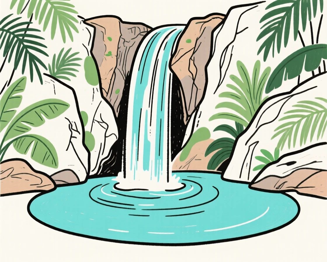 A hidden waterfall pouring into a turquoise jungle pool.