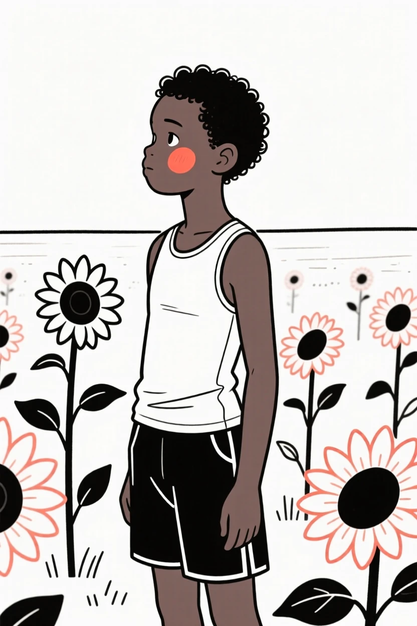A young boy of Kenyan heritage in athletic workout wear, gazing thoughtfully into the distance, in a sunflower field.