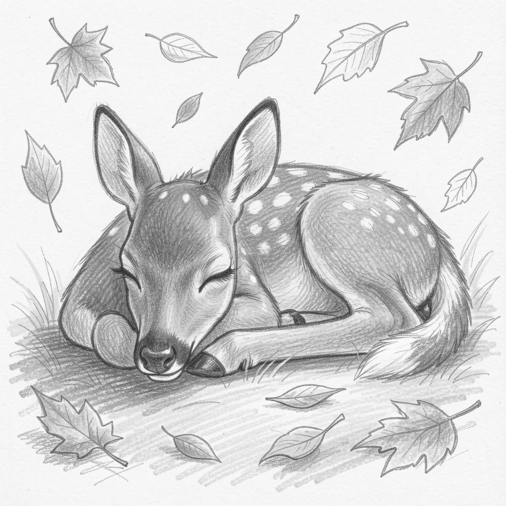 An adorable close-up of a spotted fawn napping in a patch of warm sunlight, surrounded by falling autumn leaves.