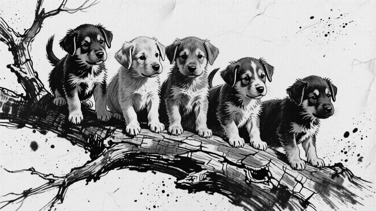 A litter of puppies perched on a weathered tree branch.