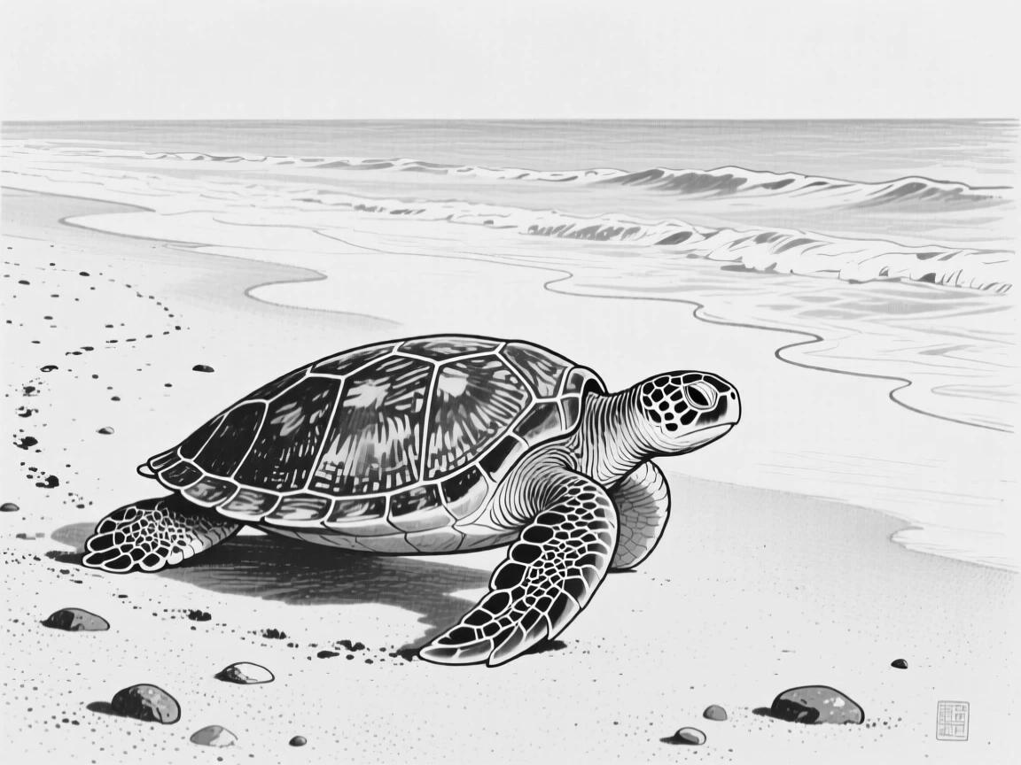 A turtle slowly making its way across a sandy beach toward the sea.