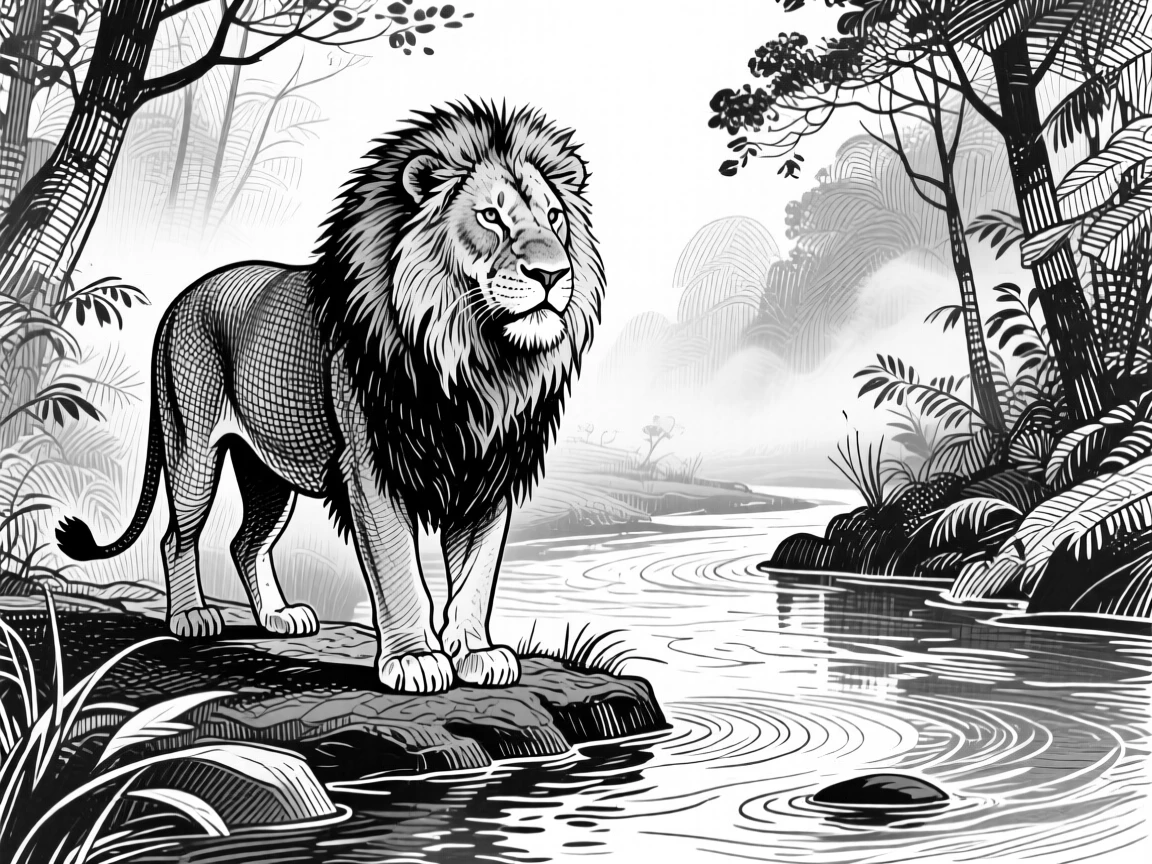 A majestic lion beside a calm woodland stream, against a backdrop of drifting mist, capturing a joyfully alive moment in nature with a strong, centered focal point.
