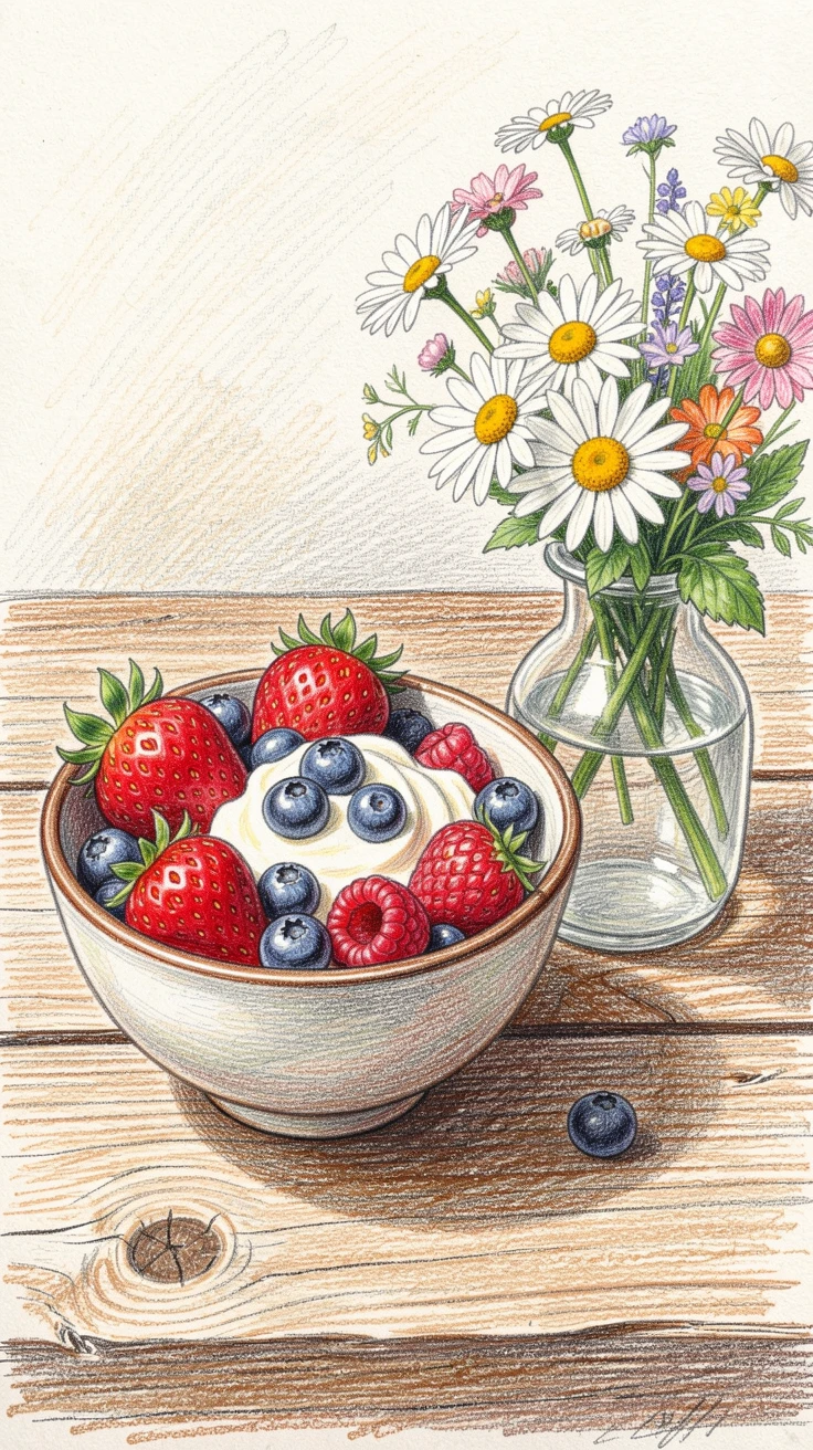 A bowl of fresh berries and cream on a rustic wooden table, set beside a small vase of fresh flowers, evoking comfort, warmth, and the simple pleasure of good food.