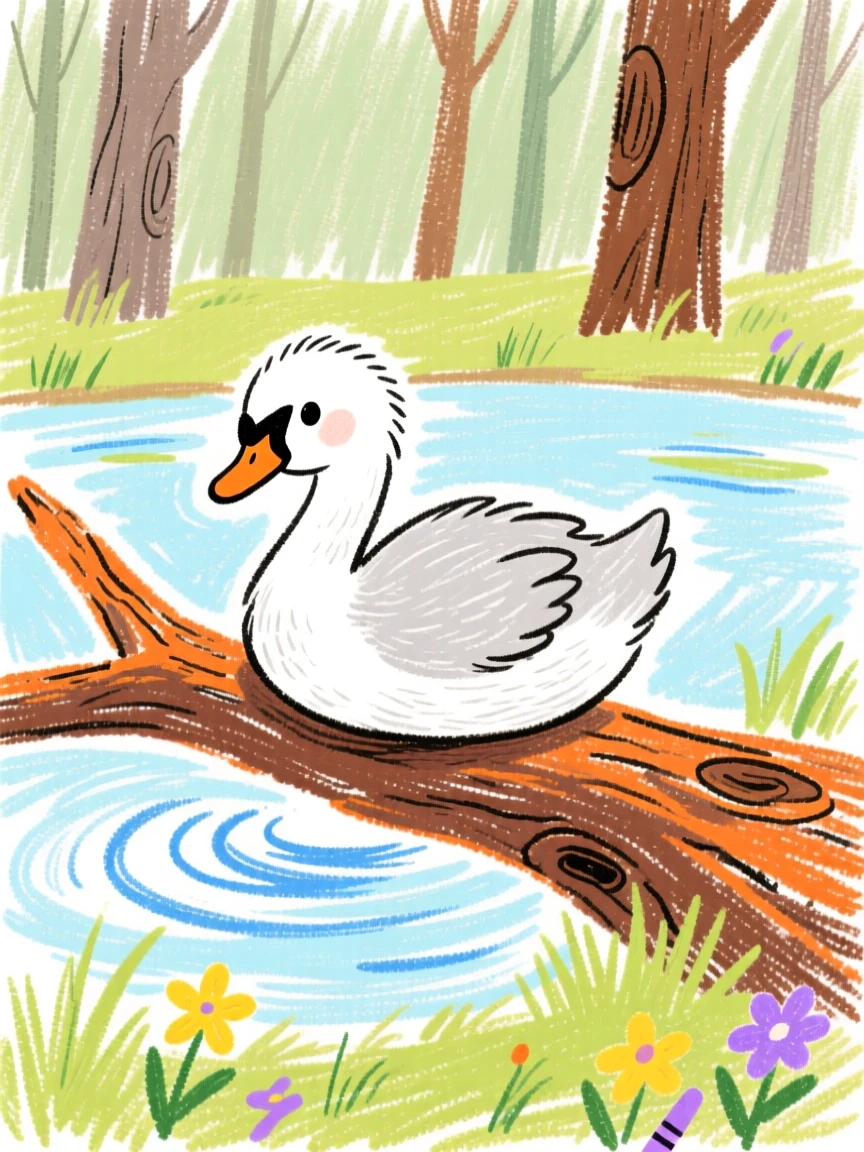 A swan cygnet perched on a fallen branch beside a forest pond.