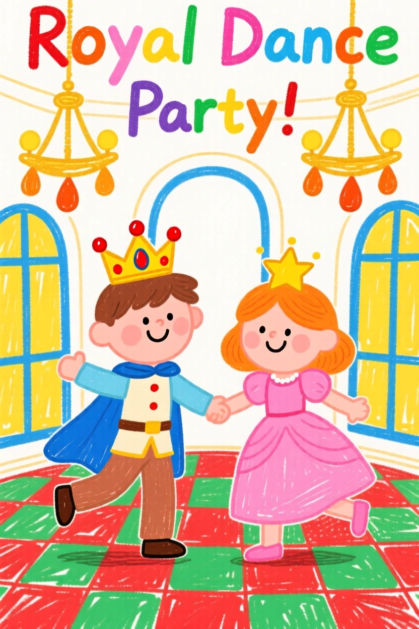 A young prince and princess dancing in a grand ballroom.
