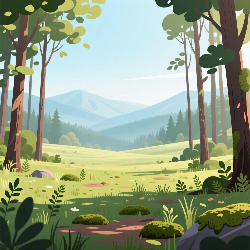 A quiet forest clearing filled with soft dappled light, with distant mountains fading into a hazy horizon, framed with a wide sweeping panoramic view, with a fresh, crisp clarity that highlights every detail.