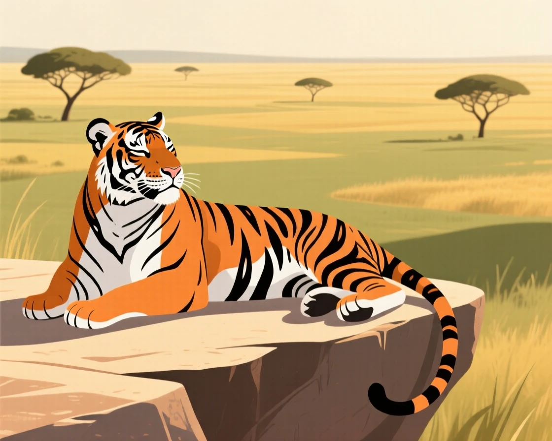 A majestic tiger resting on a sunlit ledge overlooking the savanna.
