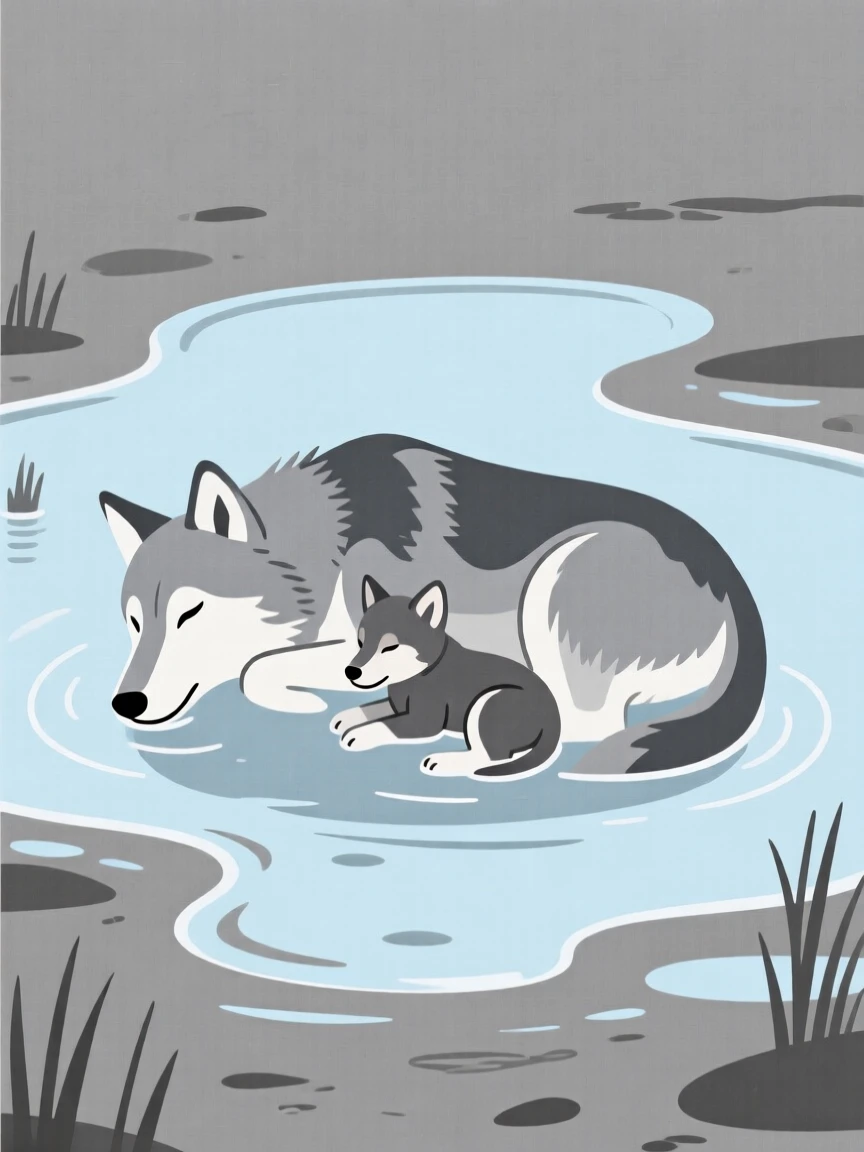 A gray wolf and its young resting peacefully together in a tide pool at low tide, expressing wild freedom.