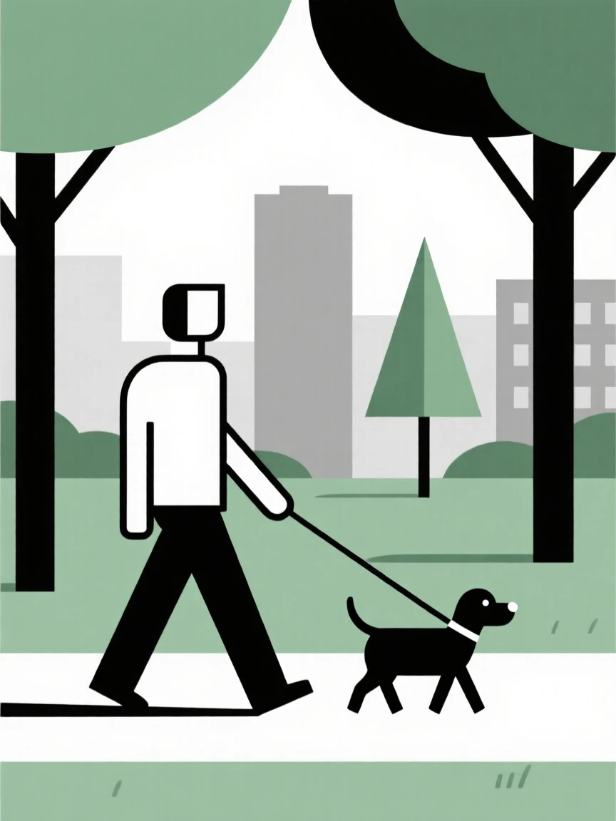 A man walking a dog through a city park