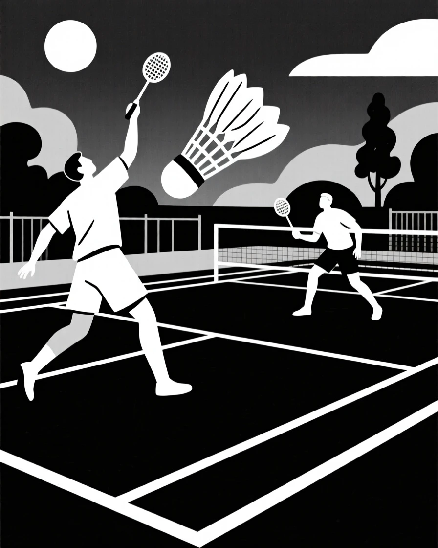 A badminton match on an outdoor court.