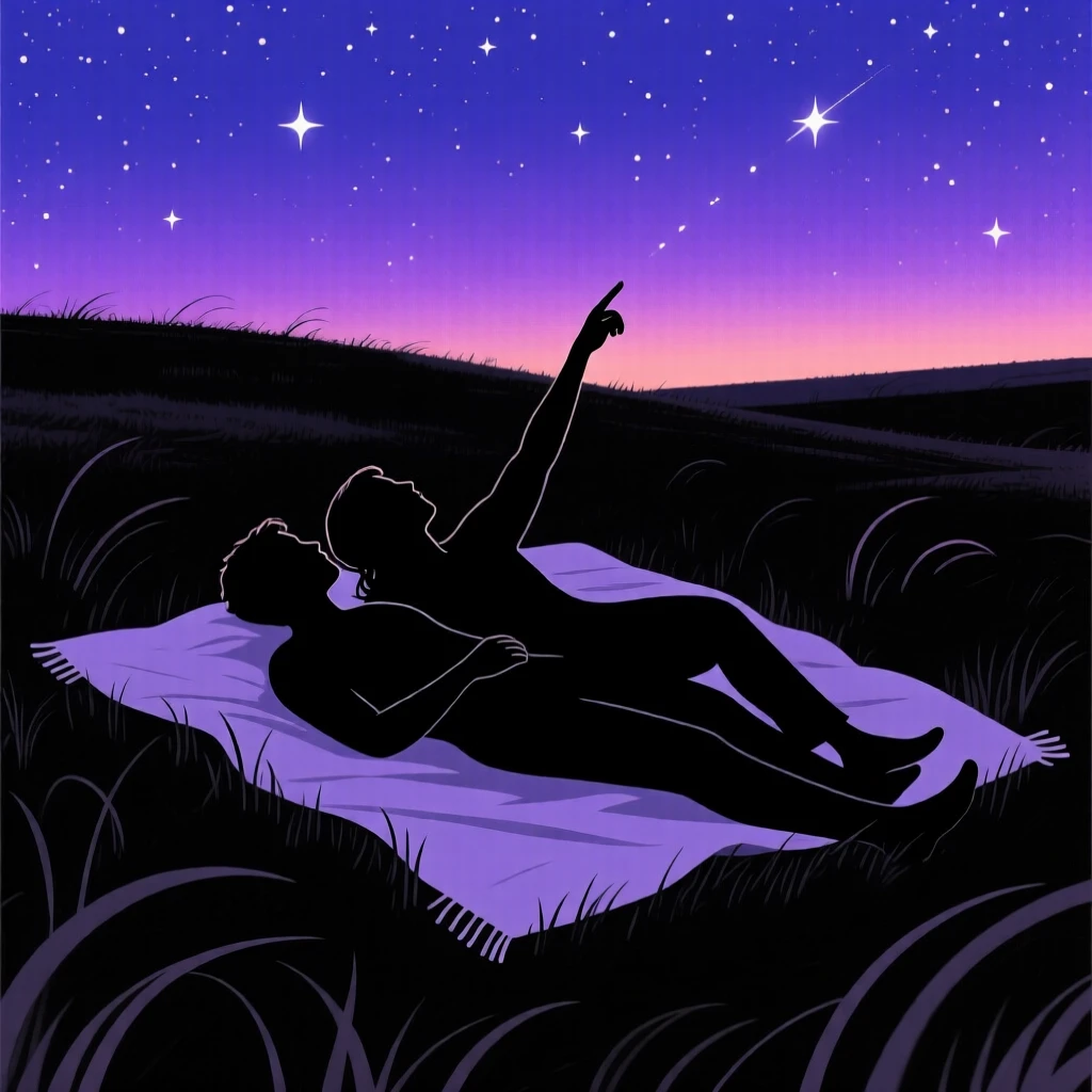 A couple lying on a blanket in an open field, pointing up at the night sky together.