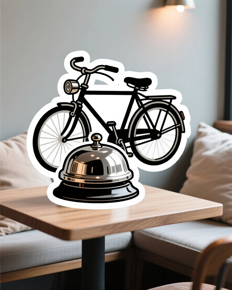 A nostalgic vintage bicycle bell, nestled among soft throw pillows, on a café table with soft ambient light.