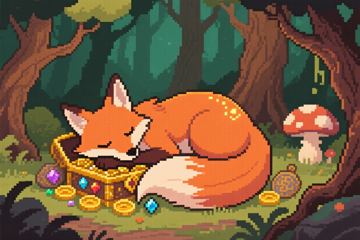 A shapeshifting fox spirit napping curled around a treasure hoard, in an ancient enchanted forest.
