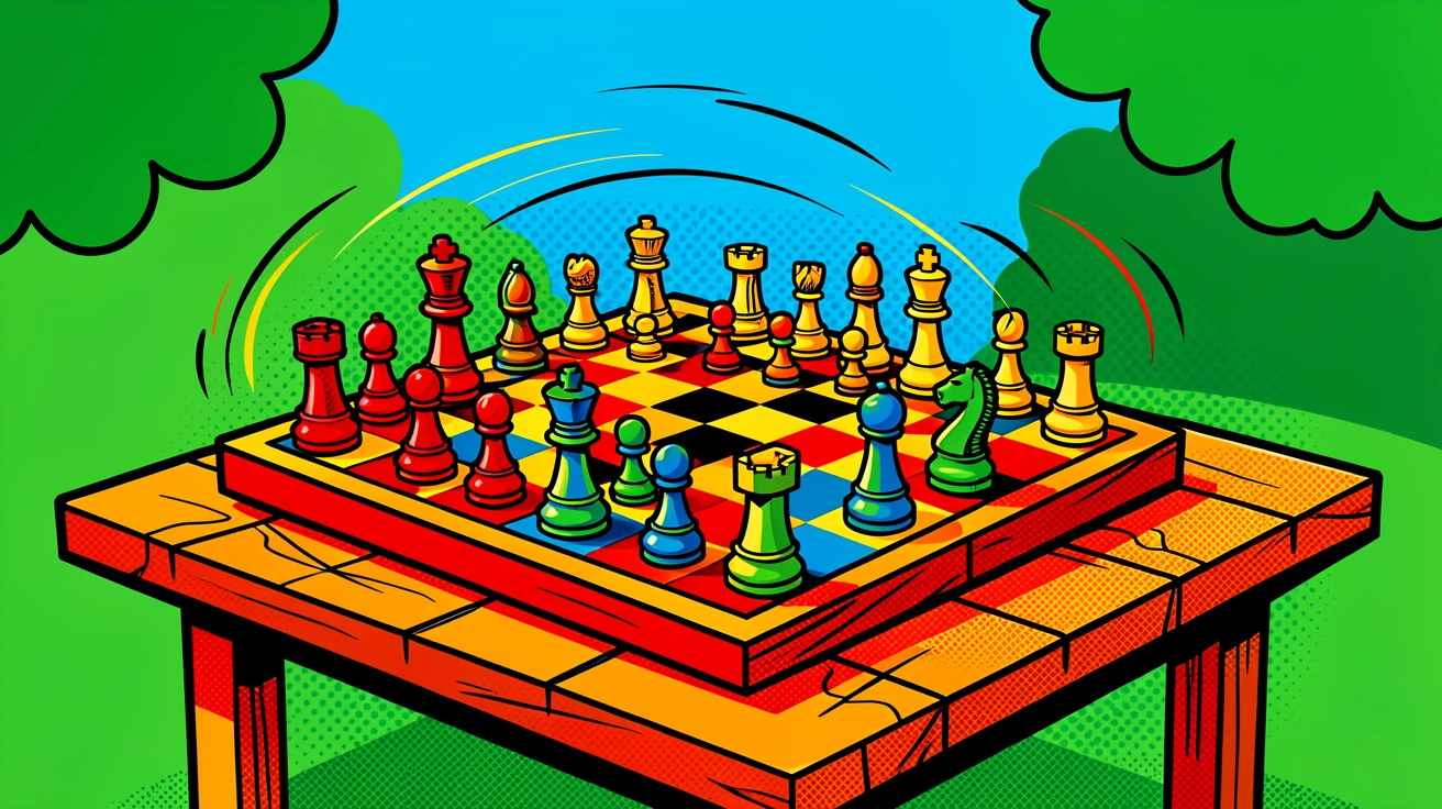 A hand-carved wooden chess set mid-game on a garden table
