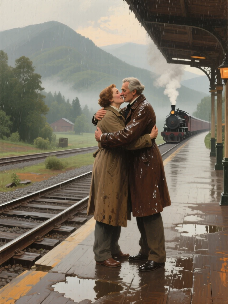 A balanced composition of two old friends embracing warmly after years apart on a train platform, in the Appalachian mountains, during a light rain.