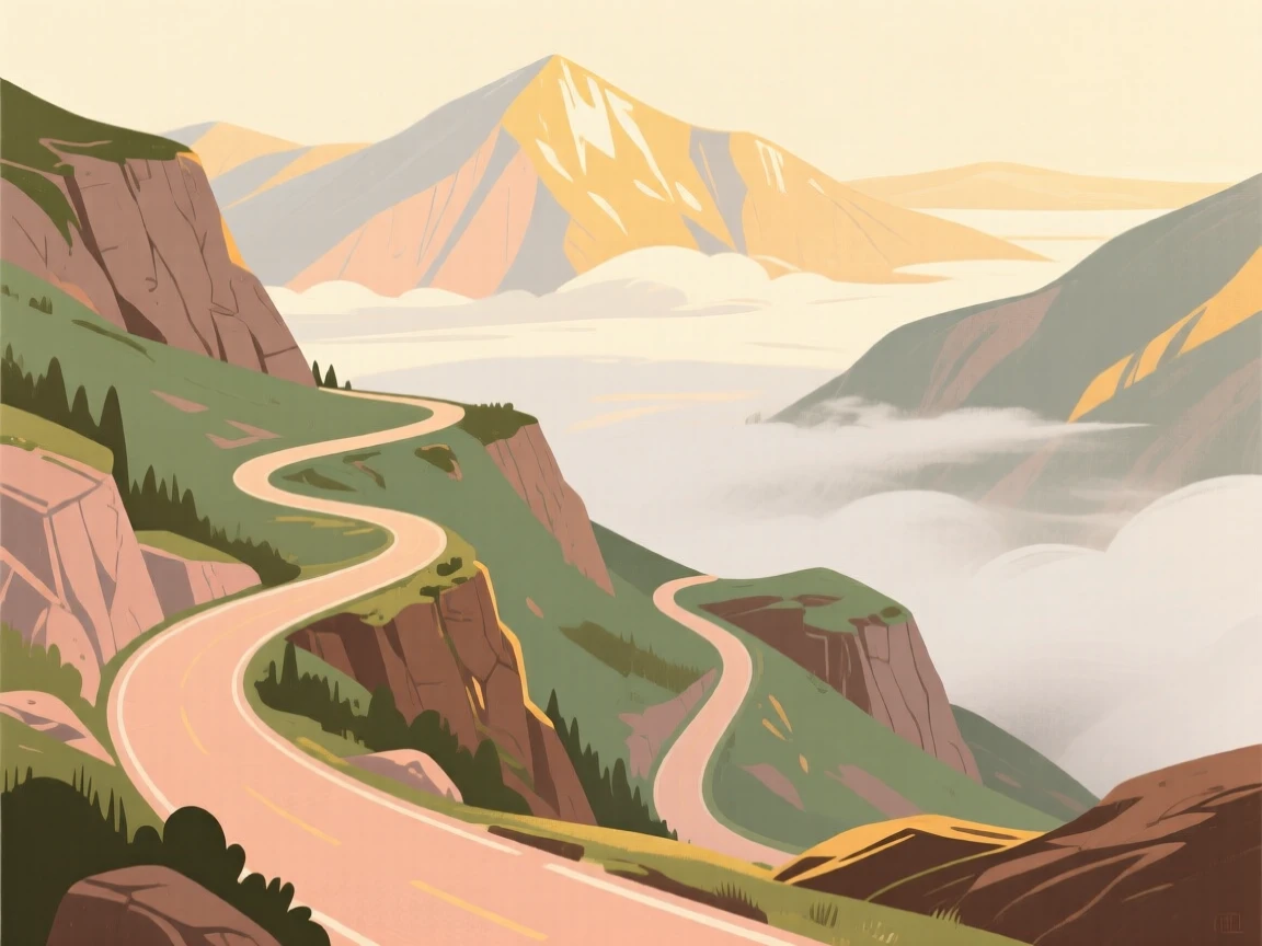 A remote mountain pass with switchback roads disappearing into clouds