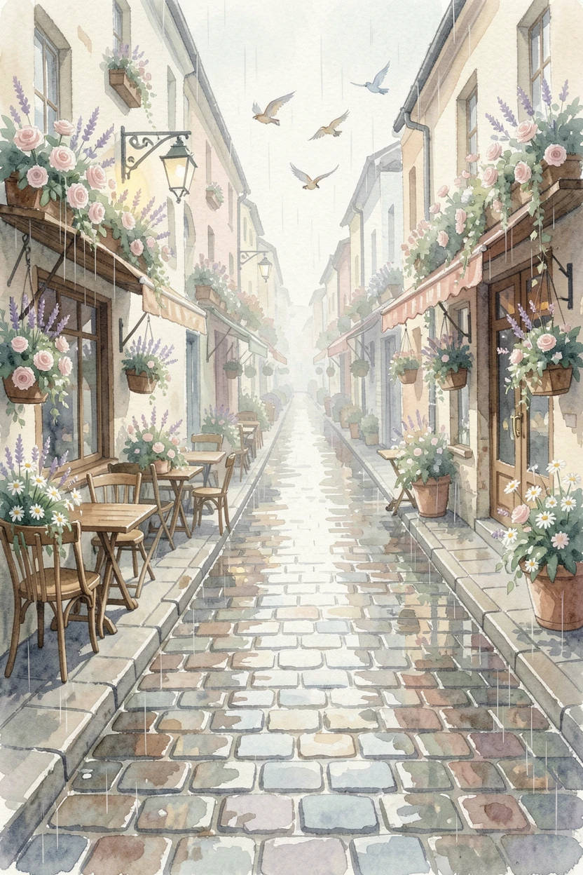 A cobblestone street lined with cafes and flower boxes in gentle rain with birds circling overhead.