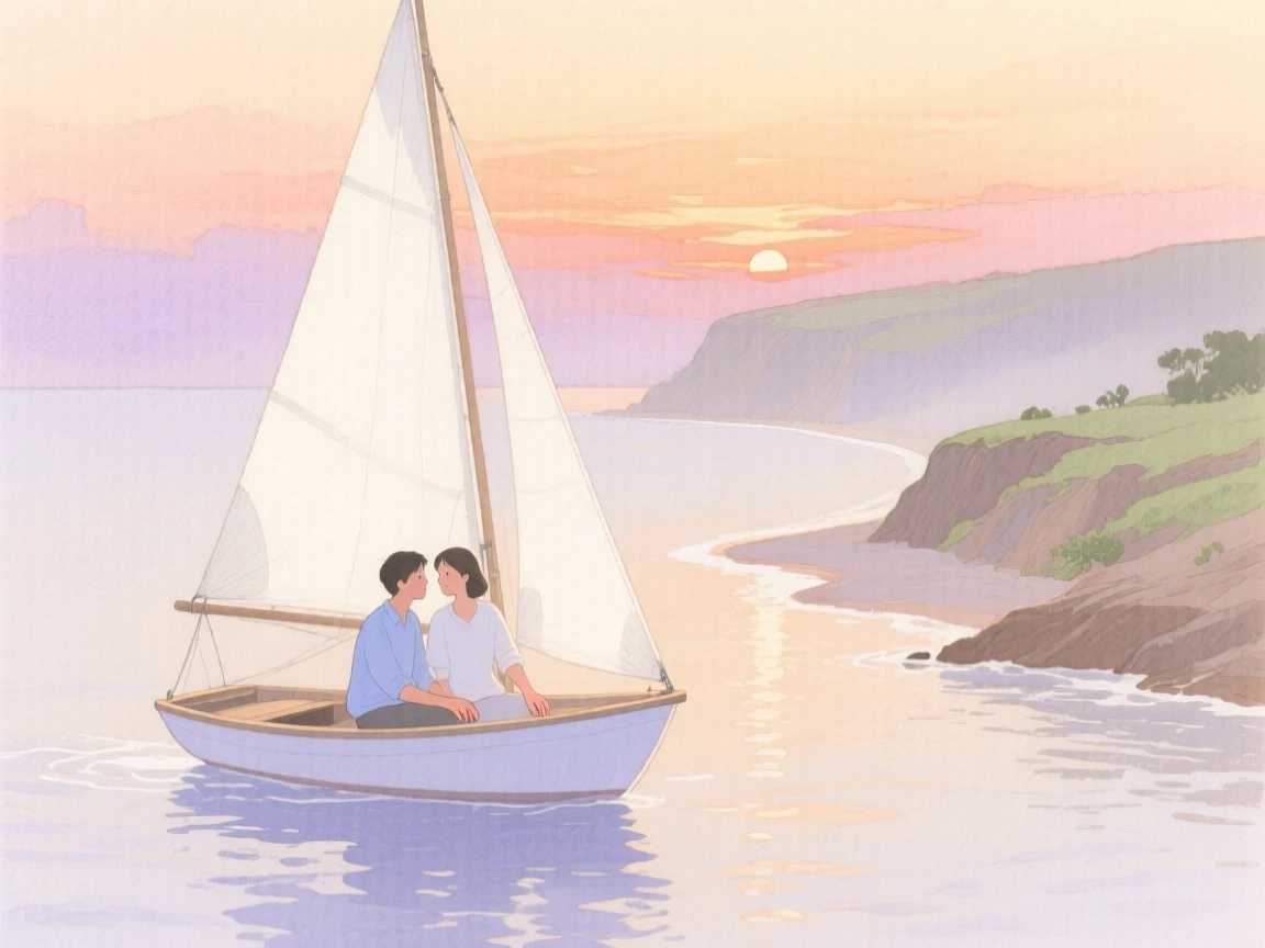 A tender moment of a sunset sail along the coast, as soft music plays in the background, capturing quiet affection between two people