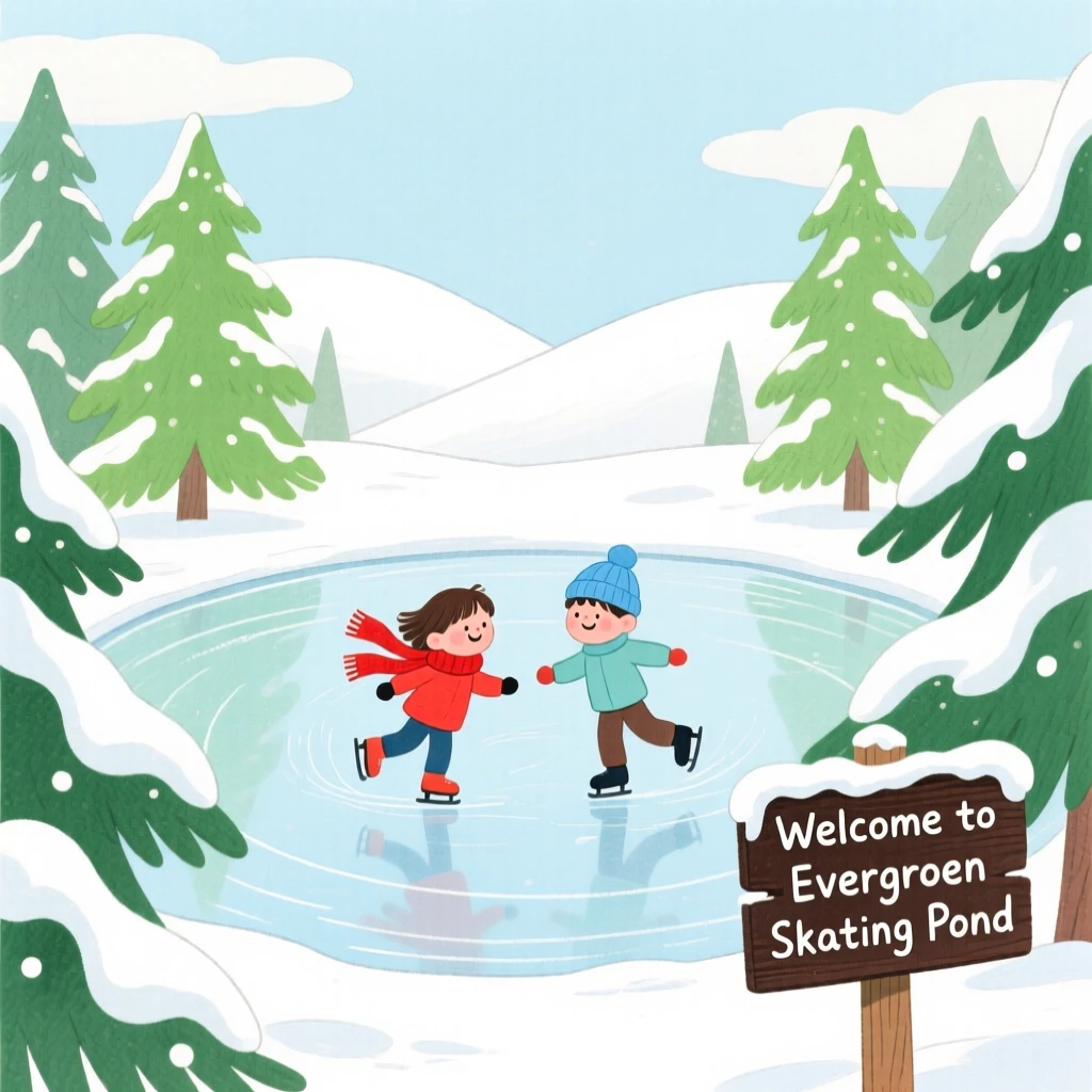 A heartwarming holiday moment: an ice skating pond surrounded by snow-covered pine trees.
