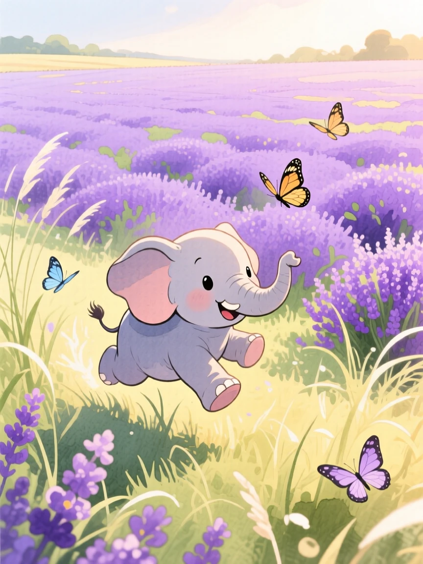 A baby elephant chasing butterflies through tall grass, set in a lavender field stretching to the horizon, evoking warmth and gentle affection.